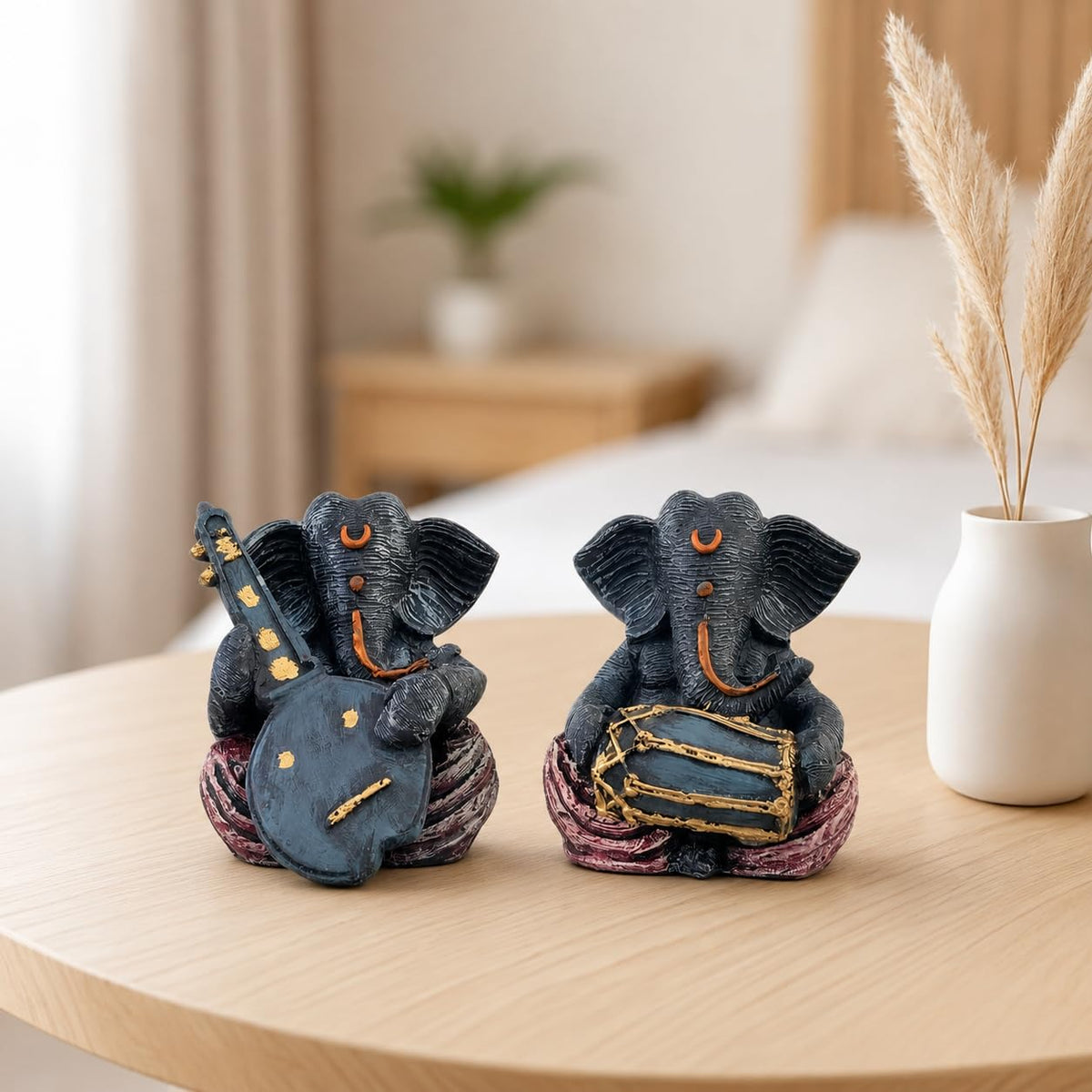 Resin Musical Ganesha Pair for Home Decor | Brings Prosperity - (Grey & Red, Pack of 2)