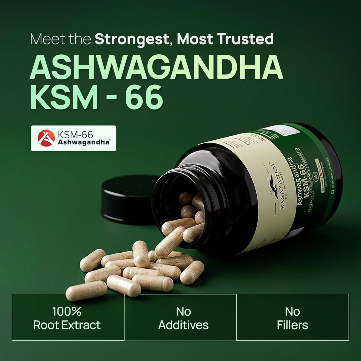 Bottle of Ashwagandha KSM-66 with pills spilling out on a green background