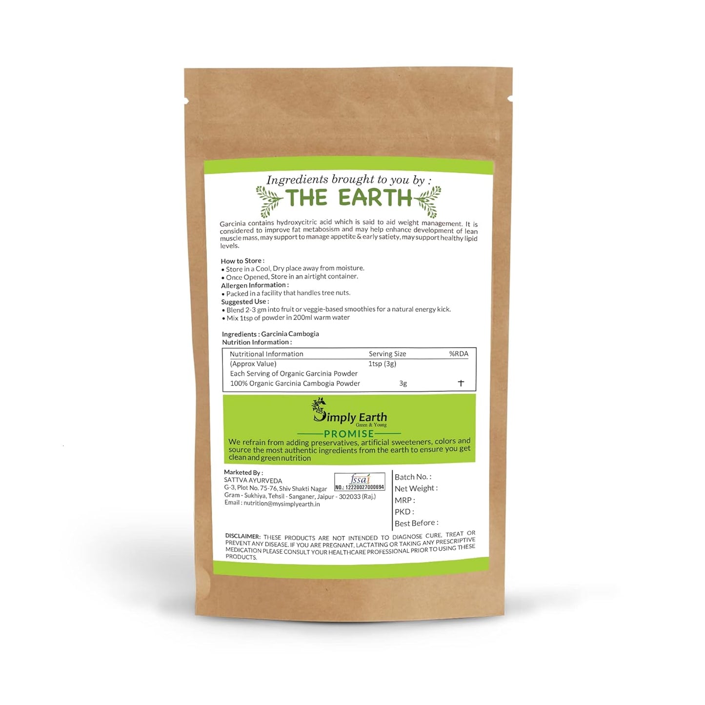 Simply Earth Pure Natural Garcinia Cambogia Fruit Extract Powder 60% HCA for weight management and other health benefits - 200GM