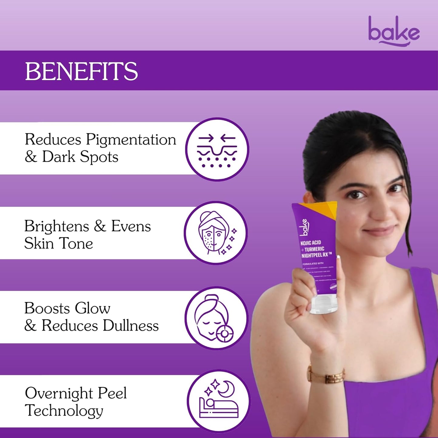 BAKE 1% Kojic Acid Night Peel Off Mask with Niacinamide & Turmeric | Reduces Pigmentation, Dark Spots & Tan | Overnight Peel Technology | Skin Brightening, Instant Glow - 100g