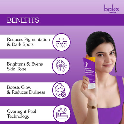 BAKE 1% Kojic Acid Night Peel Off Mask with Niacinamide & Turmeric | Reduces Pigmentation, Dark Spots & Tan | Overnight Peel Technology | Skin Brightening, Instant Glow - 100g