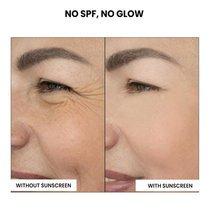 Before and after comparison of skin with and without sunscreen, emphasizing the importance of SPF.