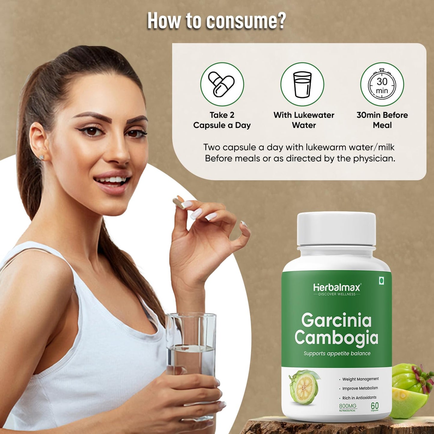 Herbal Max Garcinia Cambogia Capsules – 60 Veg Capsules | 60% HCA & Green Tea Extract | Supports Weight Management, Fat Burning, Digestion & Metabolism
