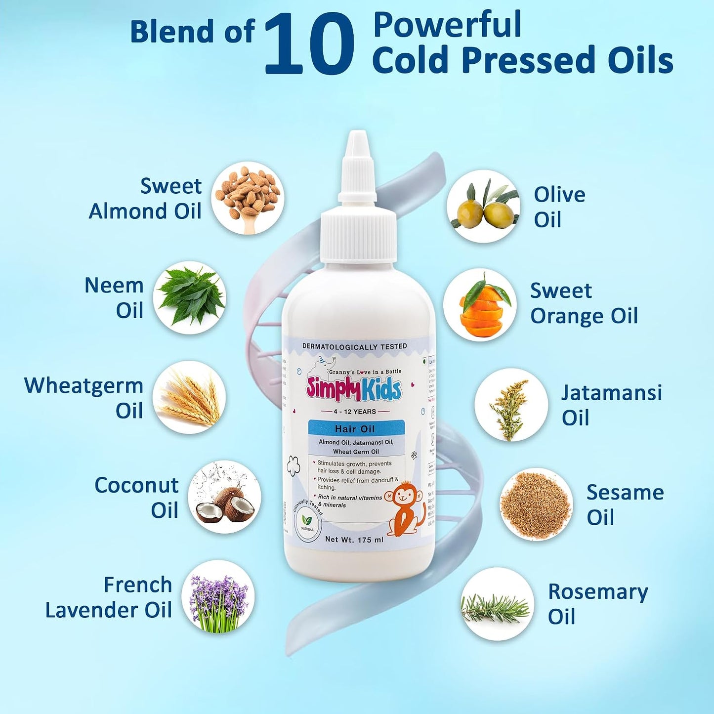 Simply Kids Hair Oil 175ml | For Ages 4-12 | Almond, Wheat Germ & Jatamansi | Nourishes Hair & Scalp | SLS & Paraben Free | Dermatologically Tested | For Sensitive Skin
