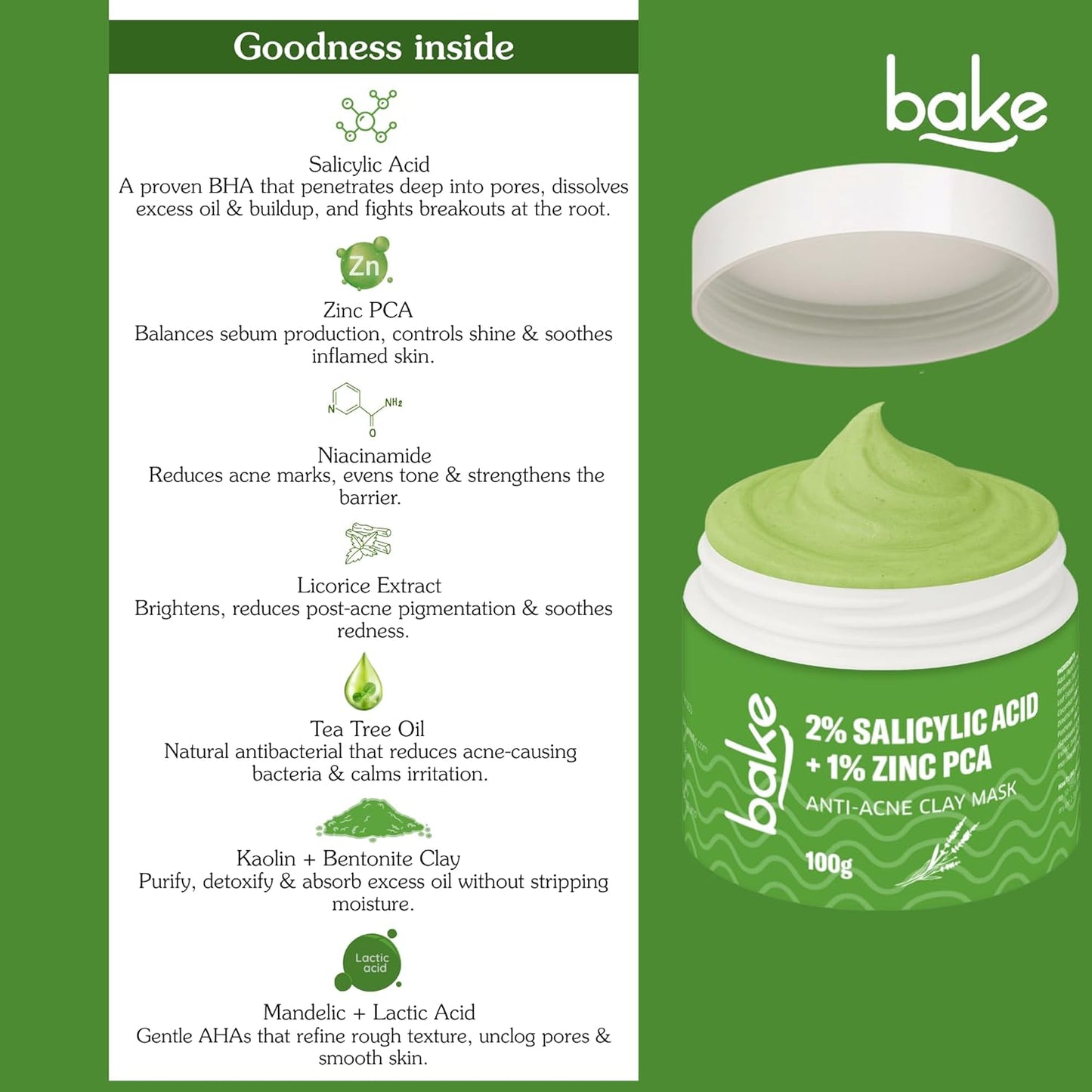 BAKE 2% Salicylic Acid Clay Mask Niacinamide for Acne Prone, Oily Skin, Open Pores & Blackheads | Anti Acne Clay Mask with Kaolin Clay | For Dark Spots, Oily Skin & Blemishes - 100g (Anti Acne)