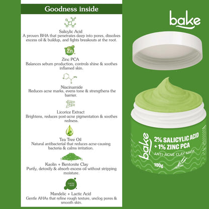 BAKE 2% Salicylic Acid Clay Mask Niacinamide for Acne Prone, Oily Skin, Open Pores & Blackheads | Anti Acne Clay Mask with Kaolin Clay | For Dark Spots, Oily Skin & Blemishes - 100g (Anti Acne)