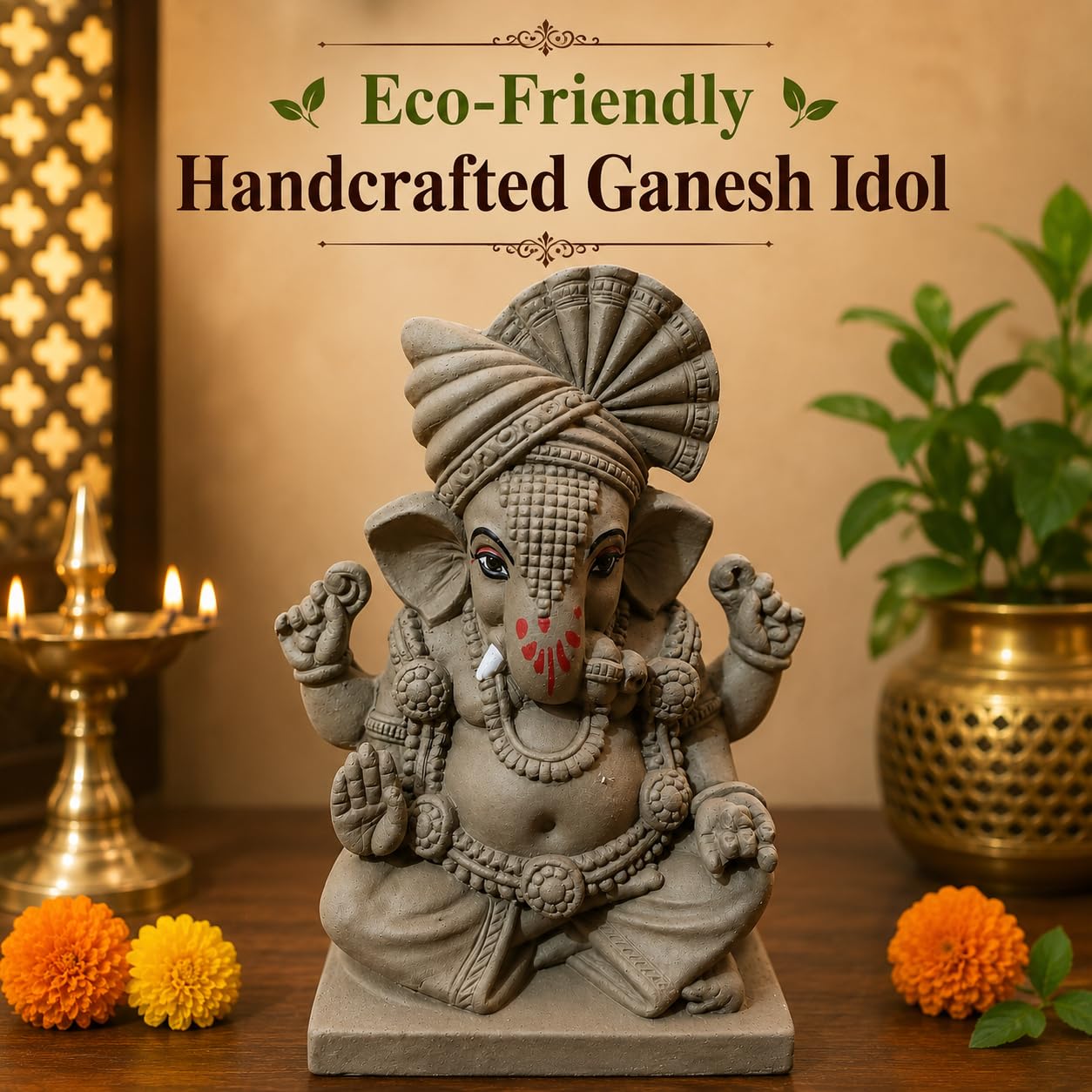 KSI 5.2 Inch Handmade Clay Ganesh Idol for Ganesh Chaturthi | Eco-Friendly Mitti Ganpati Murti | Traditional Pagdi Ganesha Idol for Home Decoration & Visarjan