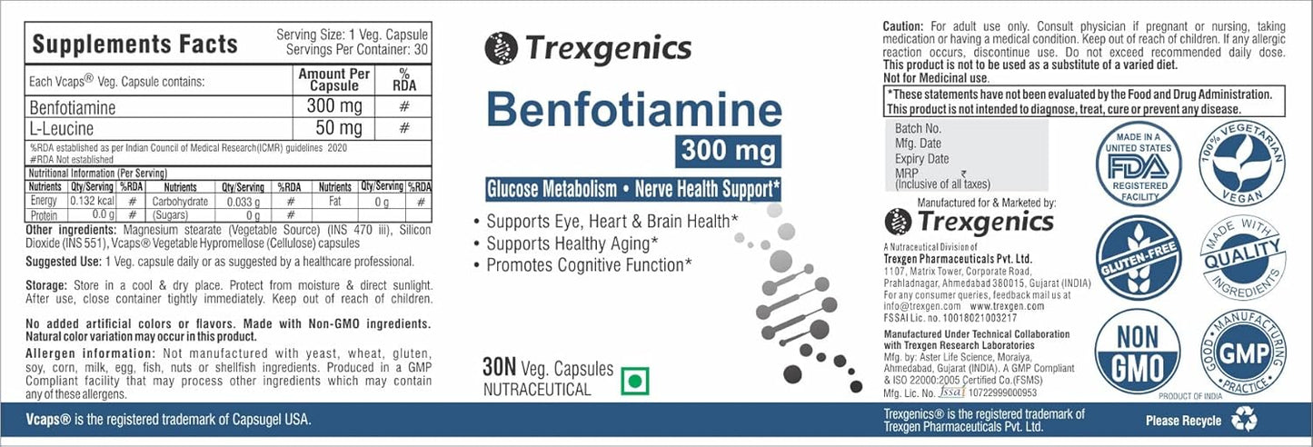 Trexgenics BENFOTIAMINE 300 mg + L-Leucine 50 mg Glucose Metabolism & Nerve Health Support VEGAN & NON-GMO (30 Veg. Capsules) (Pack of 1)