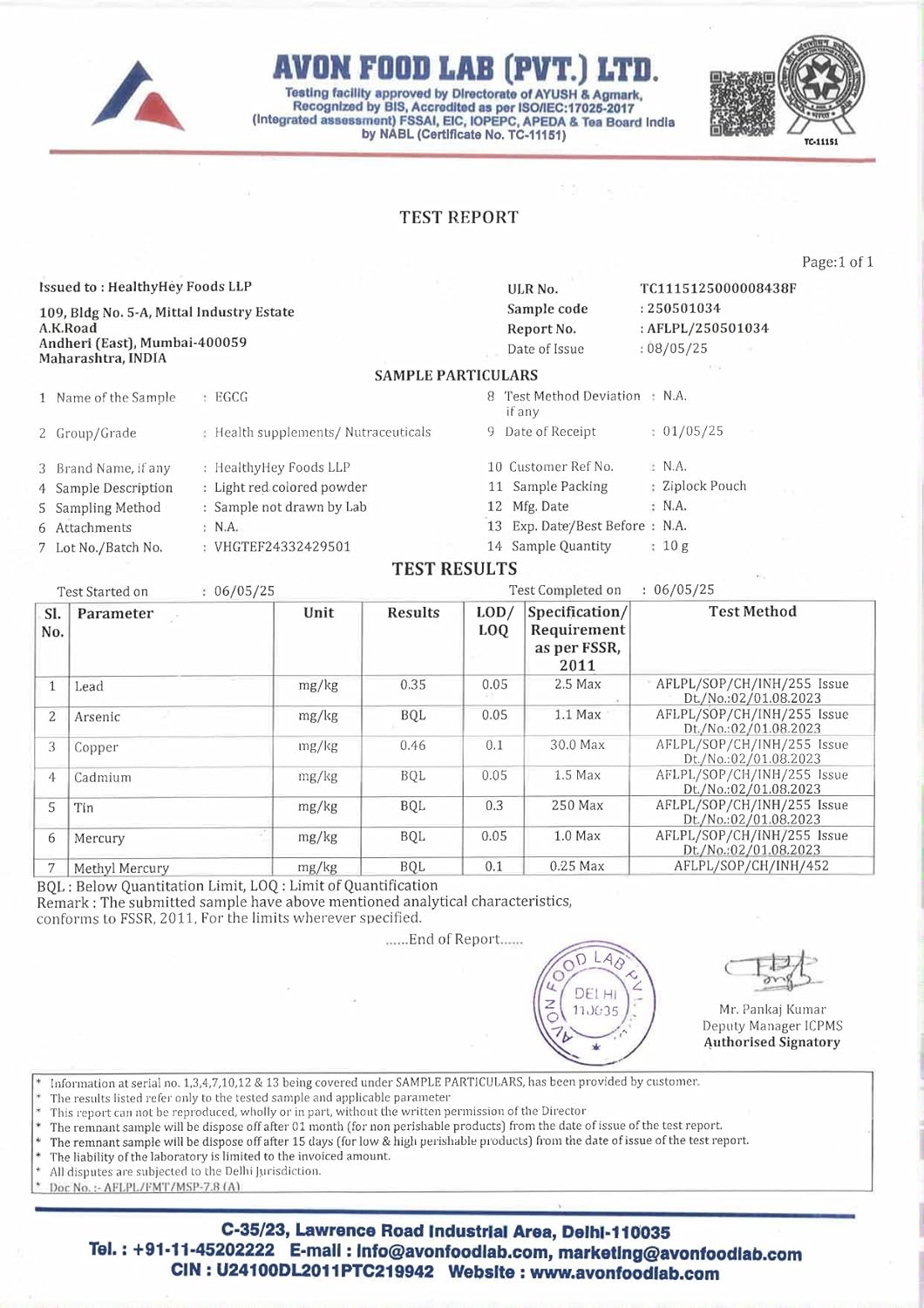 Avon Food Lab test report with various certifications and details.