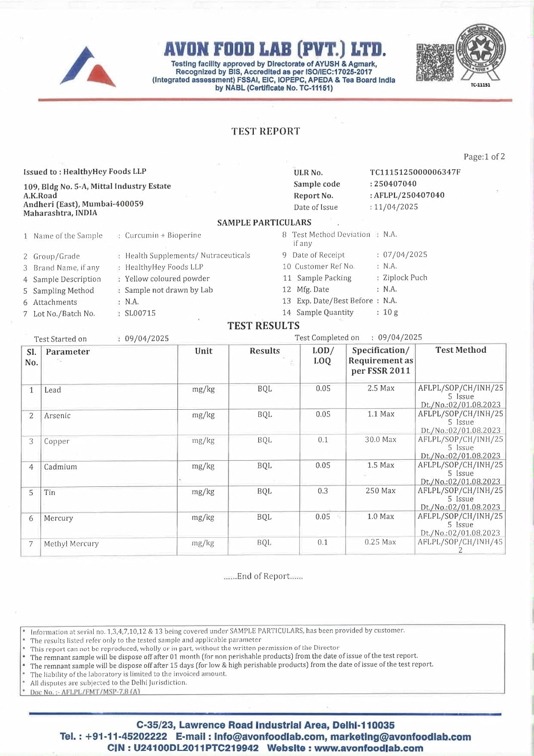 Avon Food Lab test report with various parameters and results.