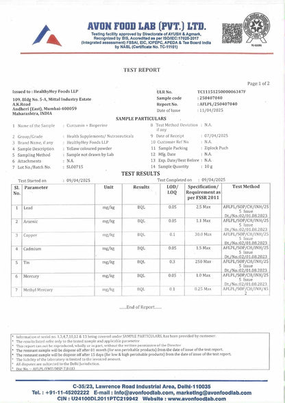 Avon Food Lab test report with various parameters and results.
