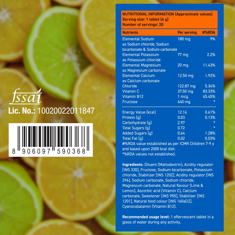Fast&Up Reload (5 Litres) Low Sugar energy drink for Instant Hydration- 20 Effervescent Tablets with all 5 Essential Electrolytes + Added Vitamins -Certified Electrolytes Drink- Lime and Lemon flavour