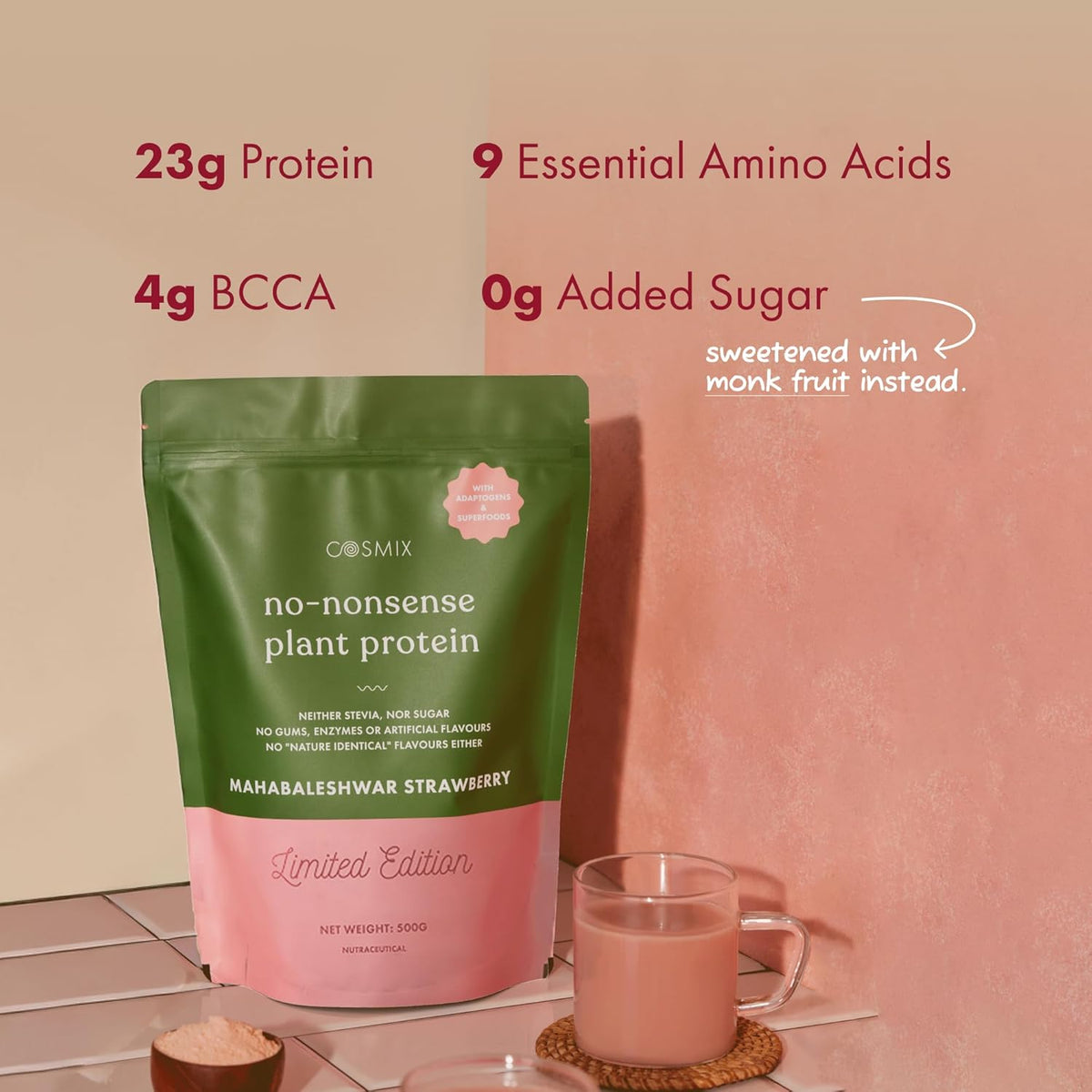 Cosmix no-nonsense plant protein package with nutritional information and a glass of protein shake on a pink background.
