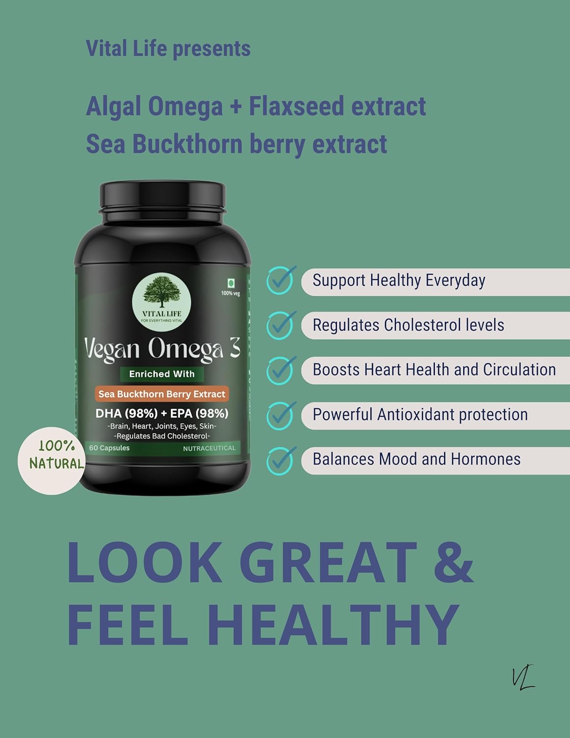 VITAL LIFE Vegan Omega 3 Vegetarian Capsules, 60 Caps | 98% DHA & EPA, Sea Buckthorn Berry, Algal DHA & Flaxseed Extract, Heart, Brain, Joint & Skin Health