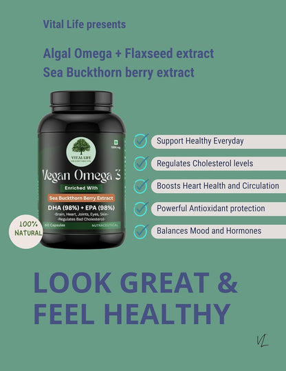 VITAL LIFE Vegan Omega 3 Vegetarian Capsules, 60 Caps | 98% DHA & EPA, Sea Buckthorn Berry, Algal DHA & Flaxseed Extract, Heart, Brain, Joint & Skin Health