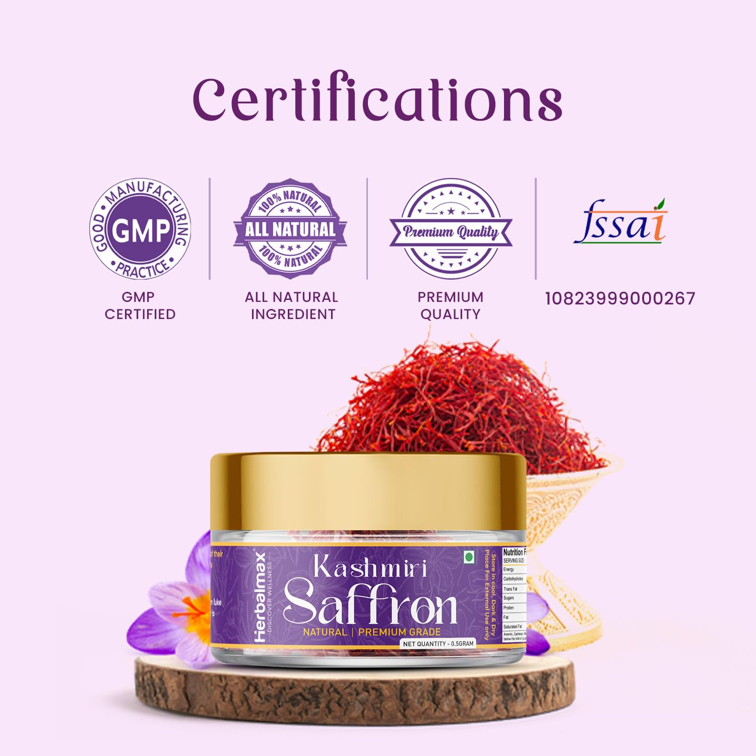 Kashmiri Saffron jar with certification logos on a light pink background