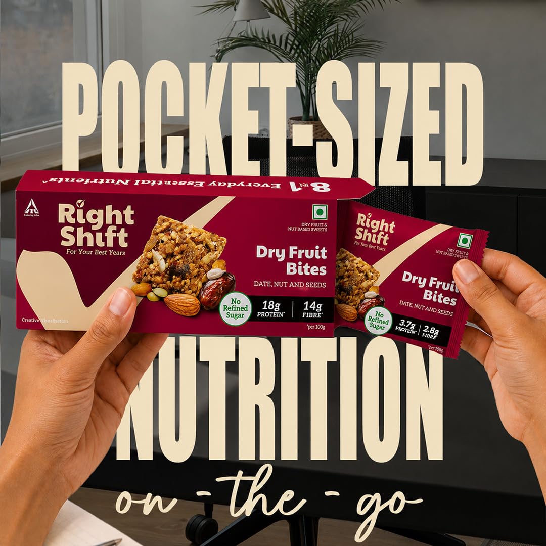 Right Shift Dry Fruit Bites, 18g Protein, 14g Fibre, No Refined Sugar, Lactose Free, No Palm Oil, Date Nut and Seeds, 160g