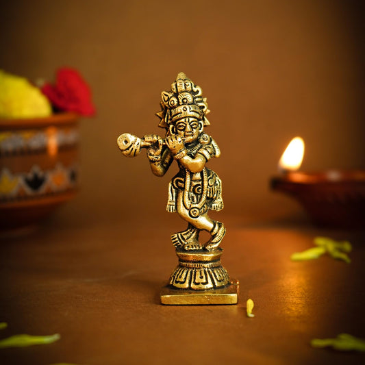 100% Pure Brass Lord Krishna Idol with Flute (8 cm) | Shree Lord Krishna Statue for Home Decor | Kanha Ji ki Murti for Office Desk | Sri Krishna Idols Gift for House Warming