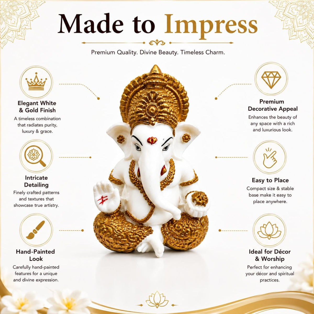 White & Gold Ganesha Idol for Home Decor, Ganpati Bappa Murti for Puja Room, Lord Ganesh Statue for Car Dashboard & Office Desk, Decorative Hindu God Showpiece, 3.3 Inch