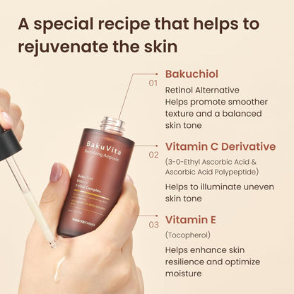 THANKYOU FARMER BakuVita Revitalizing Ampoule (50 ml) Face Serum with Bakuchiol Retinol Alternative with Vitamin C + E | Korean Serum for Hydration, Firming, Pore Care & Radiant Glow, Vegan
