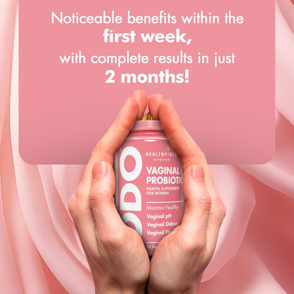 Vaginal probiotic product held by hands with promotional text on a pink background