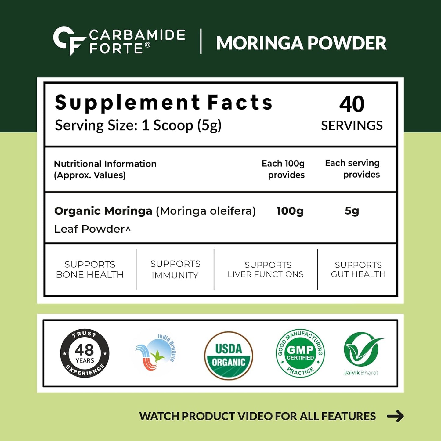 Supplement facts label for Carbamide Forte Moringa Powder on a green background
