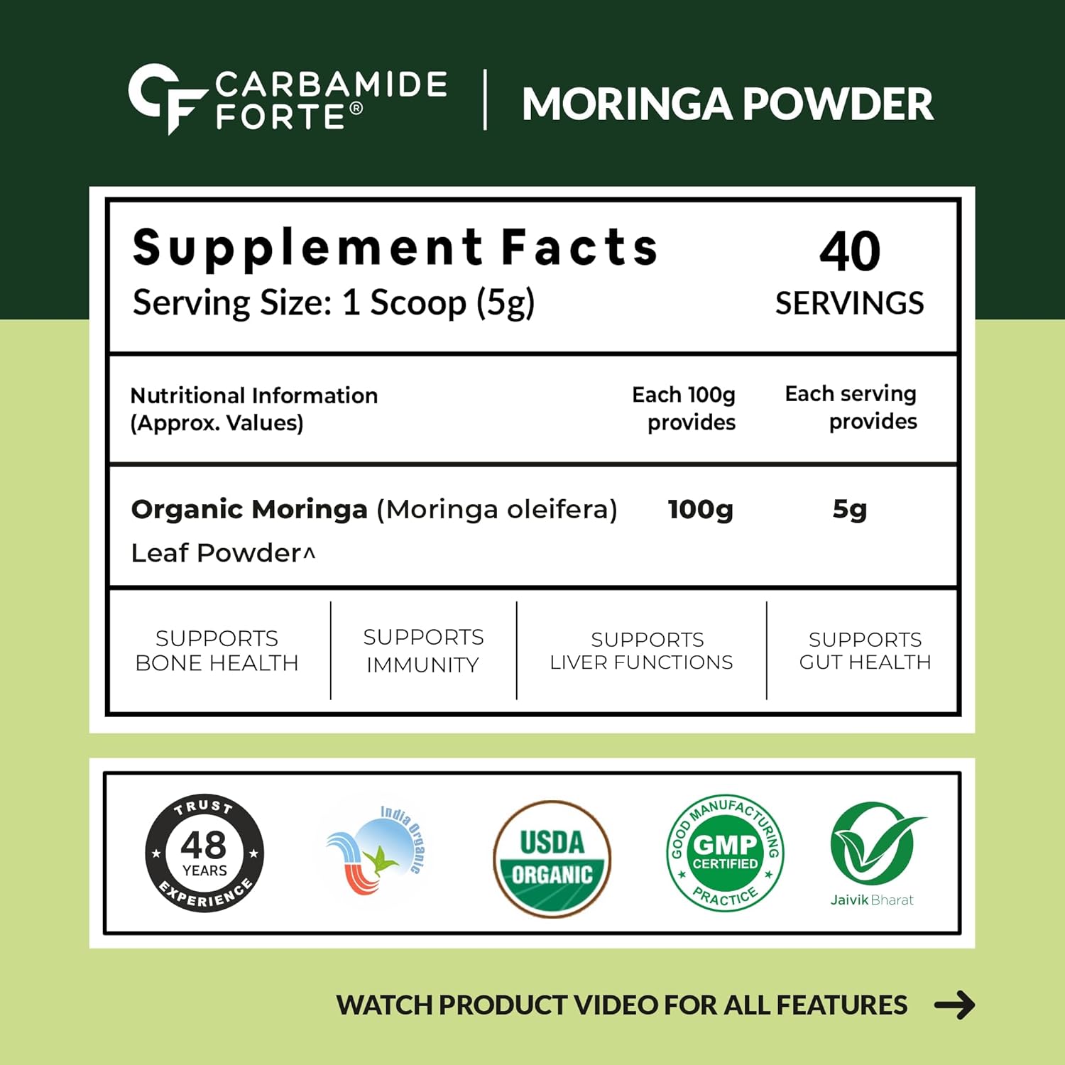 Supplement facts label for Carbamide Forte Moringa Powder on a green background