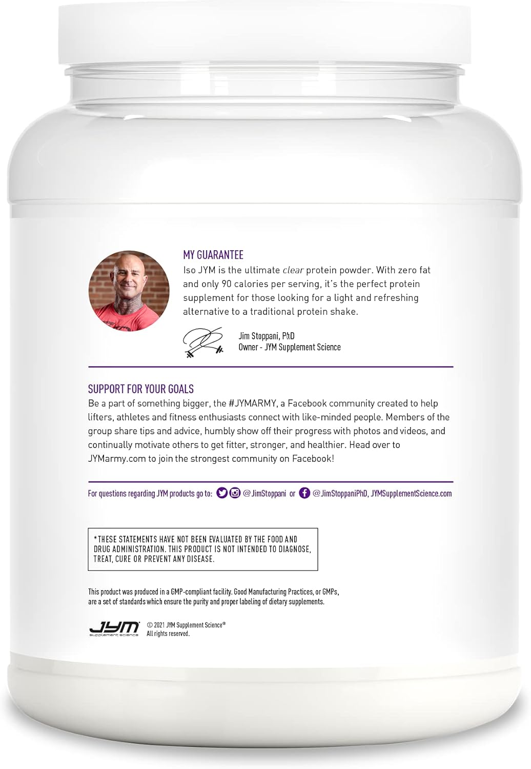 White protein powder container with text and a logo on a white background