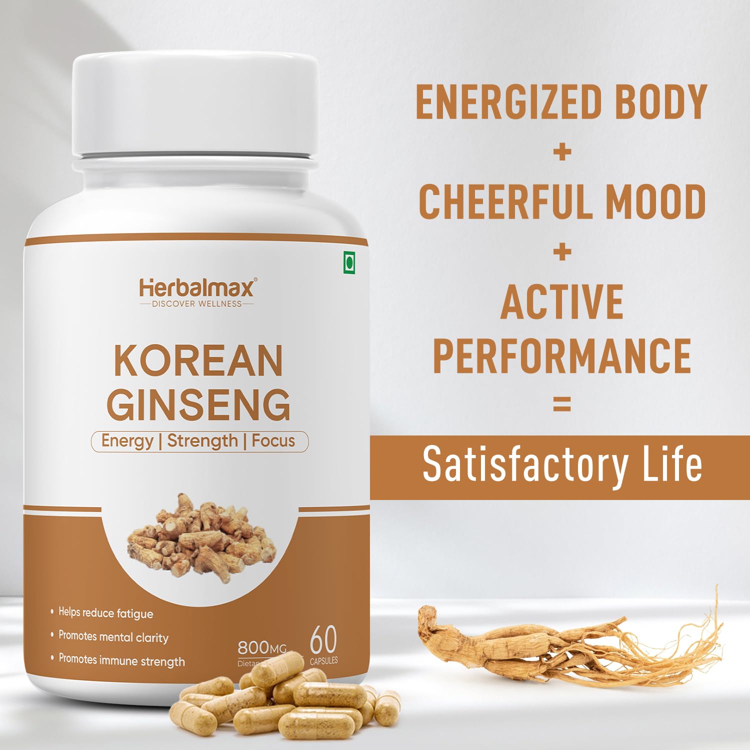 Herbalmax Korean Ginseng supplement bottle with capsules and ginseng root on a white background