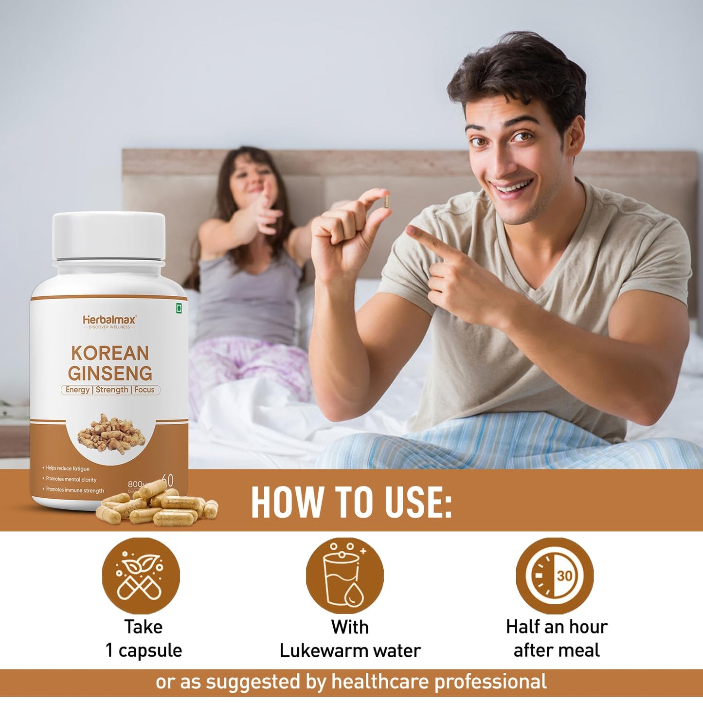 Man pointing at a bottle of Korean Ginseng with instructions on how to use it.