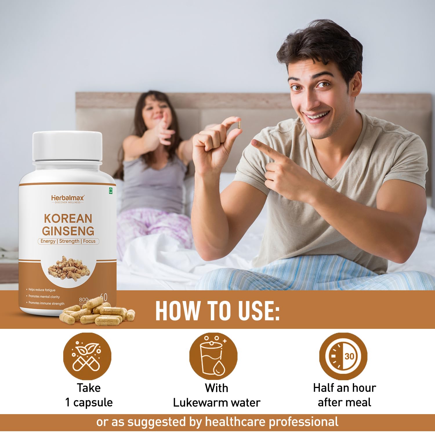 Man pointing at a bottle of Korean Ginseng with instructions on how to use it.