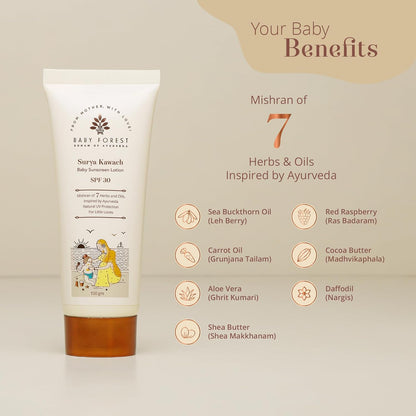 Baby lotion tube with ingredients listed on a beige background