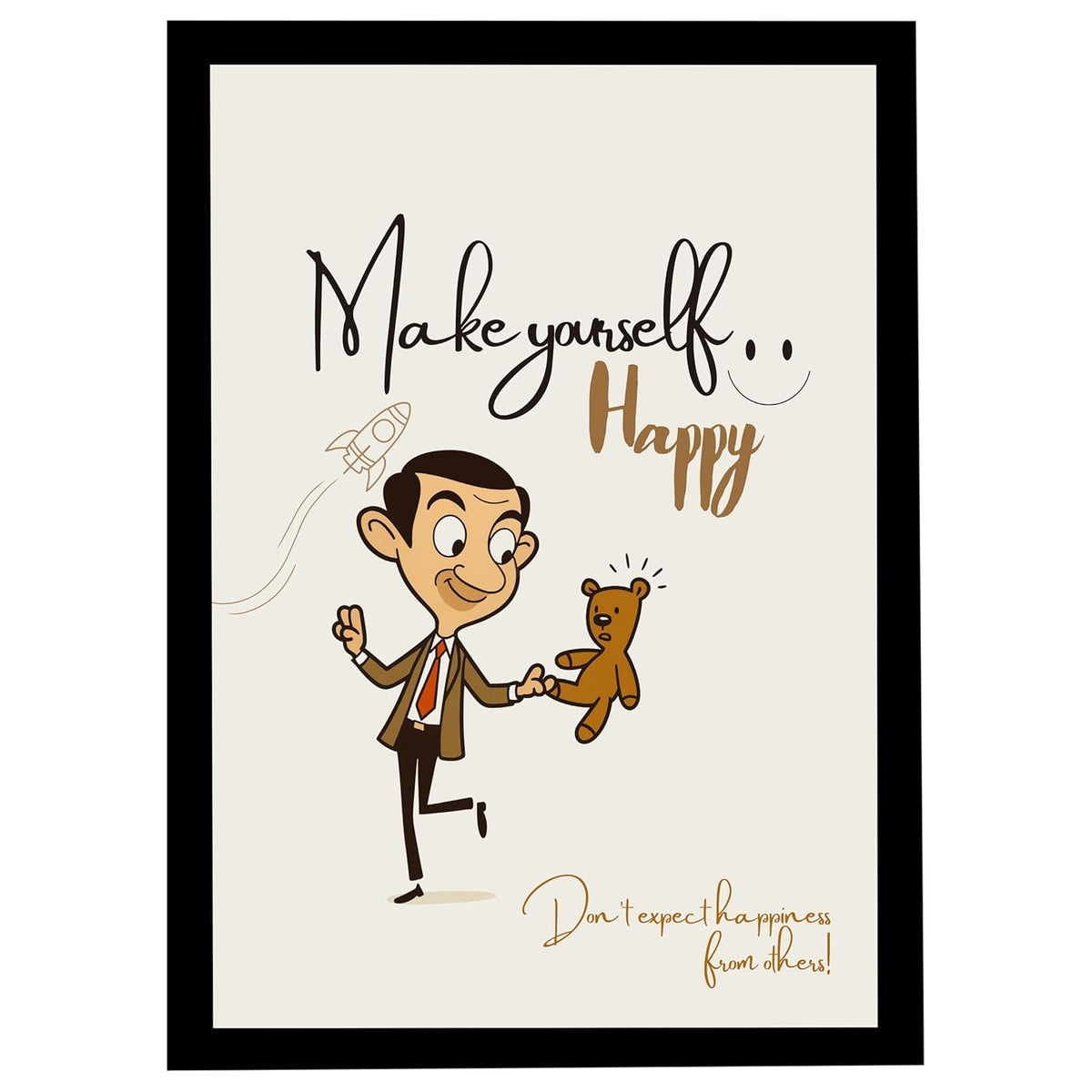 Make Yourself Happy Wall Art Frame | Positive Quote Artwork with Cartoon Man & Teddy | Self Happiness Motivational Poster | Ready to Hang Frame for Bedroom Living Room & Office Decor