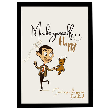 Make Yourself Happy Wall Art Frame | Positive Quote Artwork with Cartoon Man & Teddy | Self Happiness Motivational Poster | Ready to Hang Frame for Bedroom Living Room & Office Decor