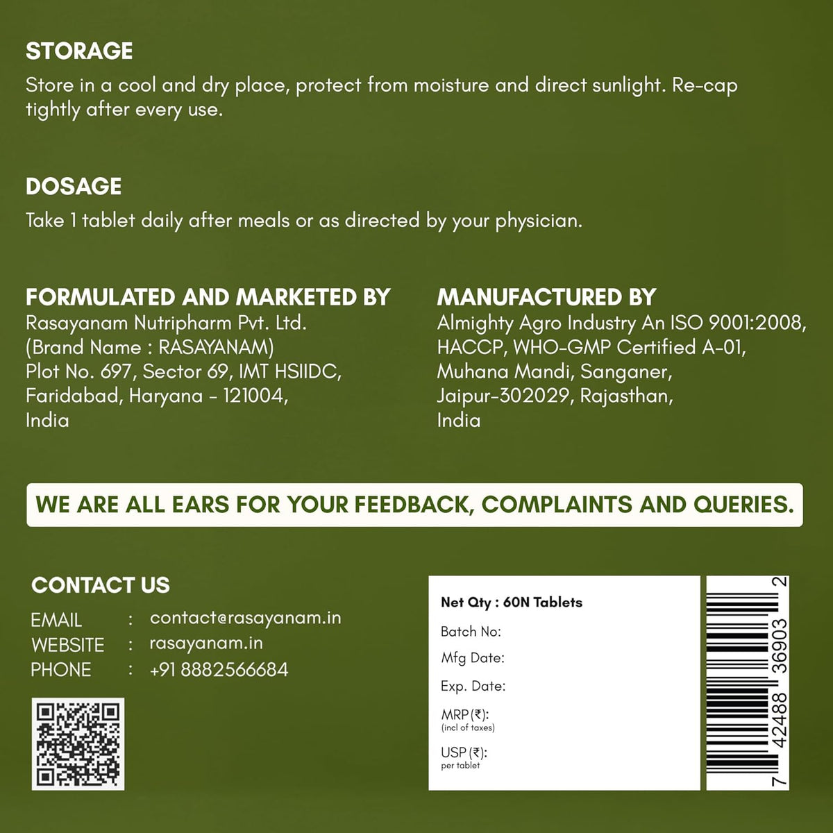 Back label of a pharmaceutical product with text and contact information on a green background