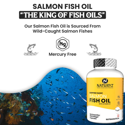 Naturyz Salmon Fish Oil supplement bottle with ocean scene background