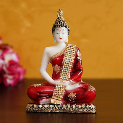 White, Red & Golden Polyresin Handcrafted Meditating Lord Buddha Statue - Perfect For Home And Office Decor - Ideal For Meditation, Yoga Enthusiasts - Thoughtful Gift For Diwali, Birthdays