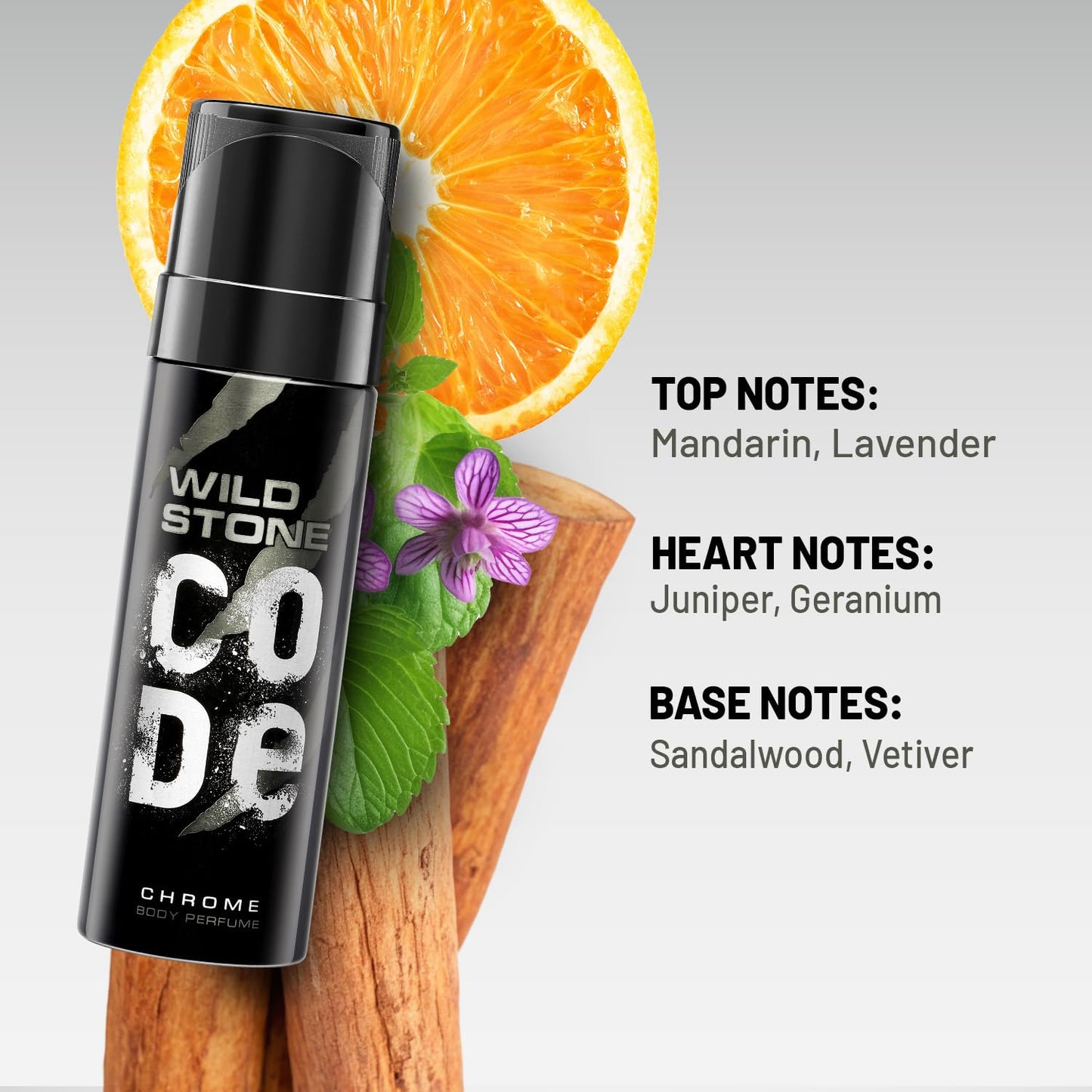 Wild Stone Code Chrome body spray with orange slices and mint leaves on a gray background