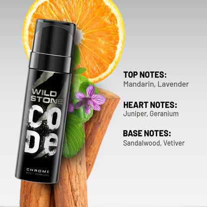 Wild Stone Code Chrome body spray with orange slices and mint leaves on a gray background