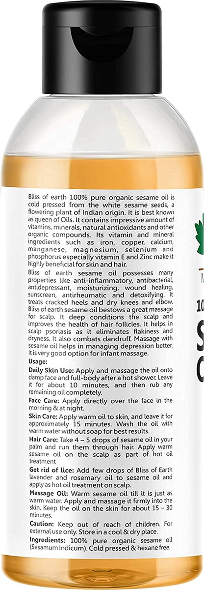 Bliss of Earth 100ML Certified Organic Black Seed Oil+Organic Sesame Oil 100ML. Coldpressed & Unrefined (Pack of 2)