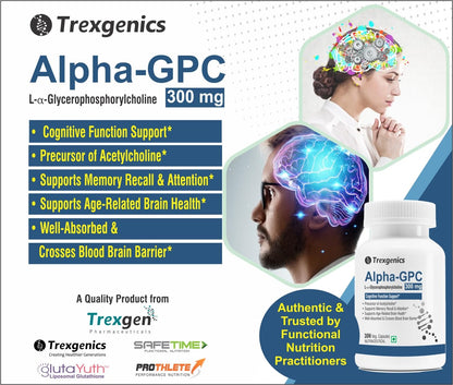 Trexgenics ALPHA-GPC 300 mg L-α-Glycerophosphorylcholine Cognitive Function, Brain Health Support (30 Veg Capsules)