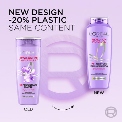 L'Oreal Paris Moisture Filling Shampoo, With Hyaluronic Acid, For Dry & Dehydrated Hair, Adds Shine & Bounce, Hyaluron Moisture 72H, 200ML.