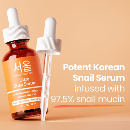 SeoulCeuticals Korean Snail Mucin Serum – 97.5% Snail Serum with Hyaluronic Acid & Centella – Anti Wrinkle & Anti Aging Serum for Face – K Beauty Night Skincare - 30ml
