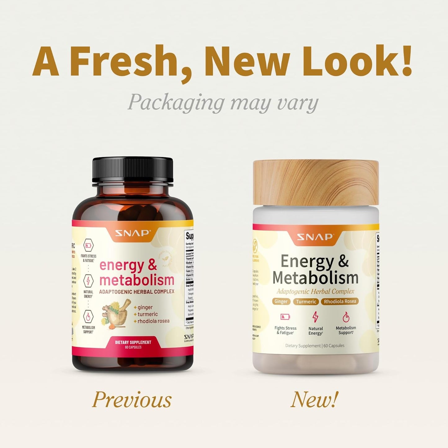 Two supplement bottles labeled 'Energy & Metabolism' with text indicating a fresh new look and varying packaging.