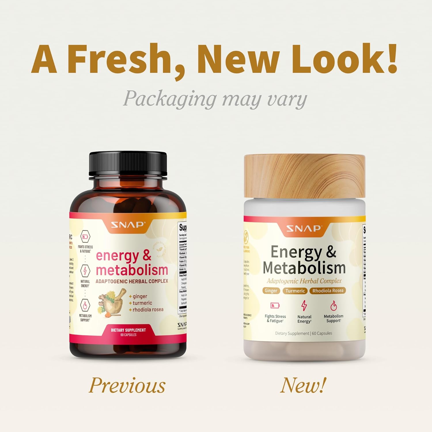 Two supplement bottles labeled 'Energy & Metabolism' with text indicating a fresh new look and varying packaging.