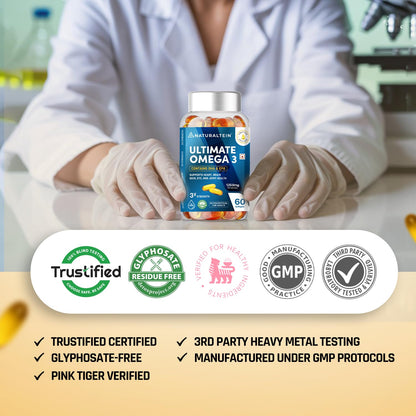 Person holding a bottle of 'Ultimate Omega 3' with certification logos at the bottom.