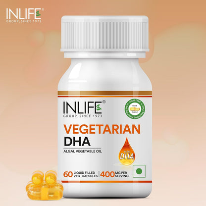 INLIFE Plant Based Omega 3 Supplement | DHA 400mg from Algal Oil | Skin, Eye, Bone, Joint Health - 60 Liquid Filled Vegetarian Capsules (Pack of 1)