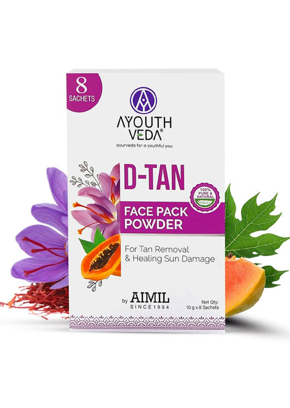 Ayouthveda D-TAN Face Pack Powder for Tan Removal, Prevents Sun Damage & Boosts Skin Health | with Goodness of Papaya, Aloevera & Saffron|For Glowing & Hydrated Skin (10gX8Sachets)(Pack of 1)