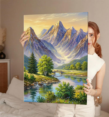 Mountain Canvas Painting for Wall Decoration, Mountain Painting Vastu, River Valley Nature Wall Art, Gallery Wrapped for Living Room, Bedroom, Office Décor, 45 x 58 cm