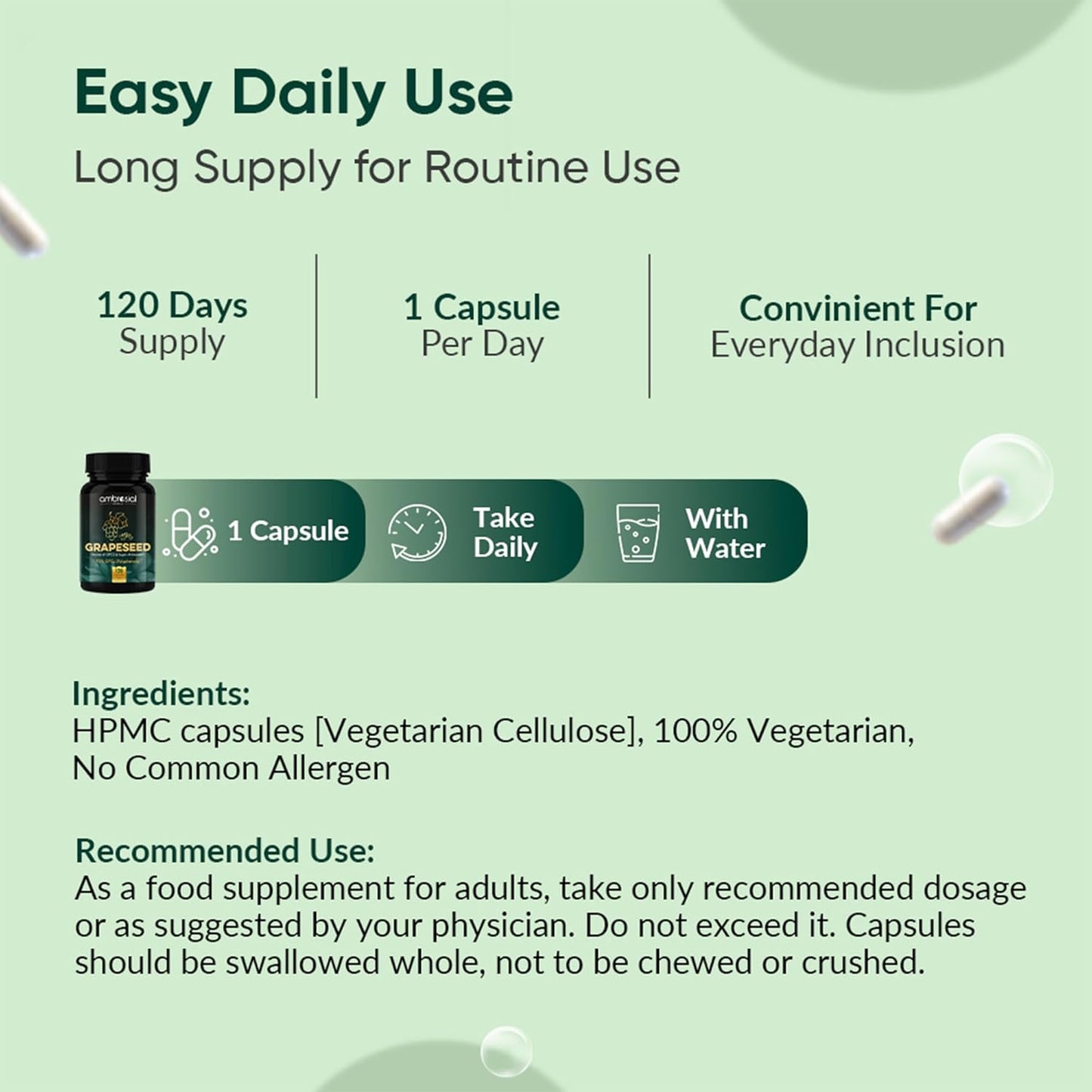 Supplement bottle with usage instructions and product details on a green background